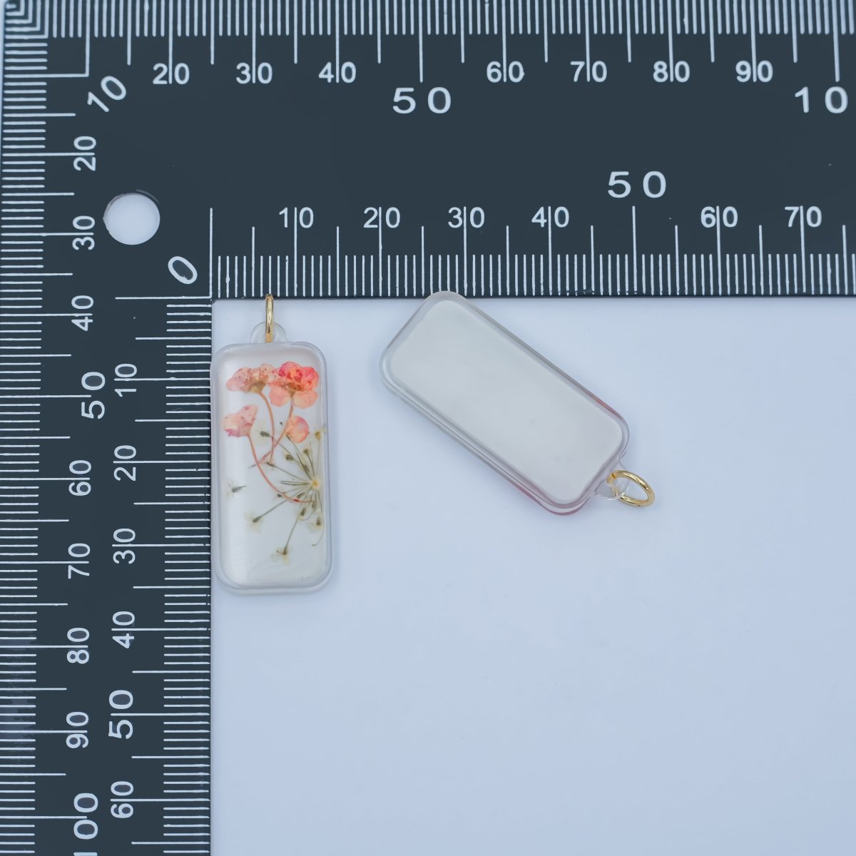 Handmade Pressed Poppy Baby's - breath Flower Rectangular Resin Charm | N063 - DLUXCA