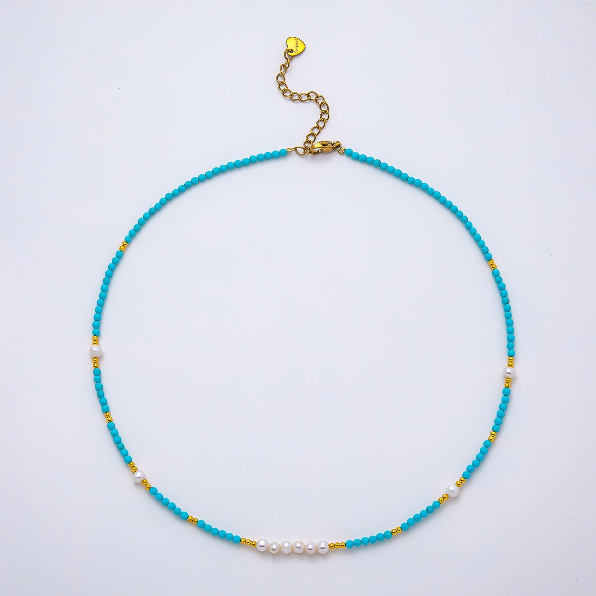 Handmade Stainless Steel 2.5mm Blue Turquoise Shell Pearl Bead Gemstone Chain 16 Inch Necklace | WA-04654 - DLUXCA