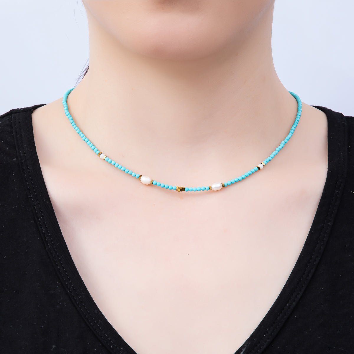 Handmade Stainless Steel 2.5mm Shell Pearl Turquoise Gemstone Chain 16 Inch Necklace | WA-04651 - DLUXCA