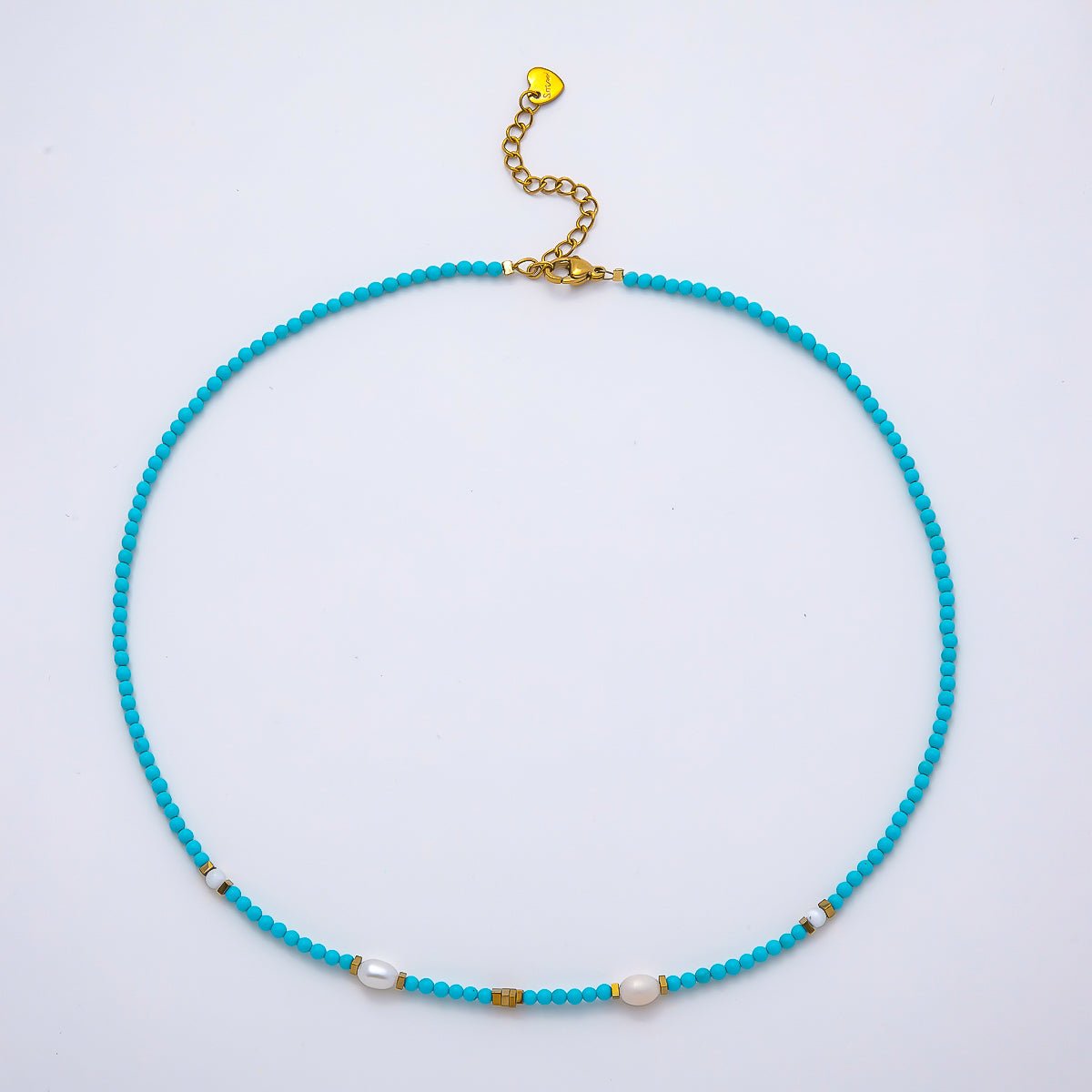 Handmade Stainless Steel 2.5mm Shell Pearl Turquoise Gemstone Chain 16 Inch Necklace | WA-04651 - DLUXCA
