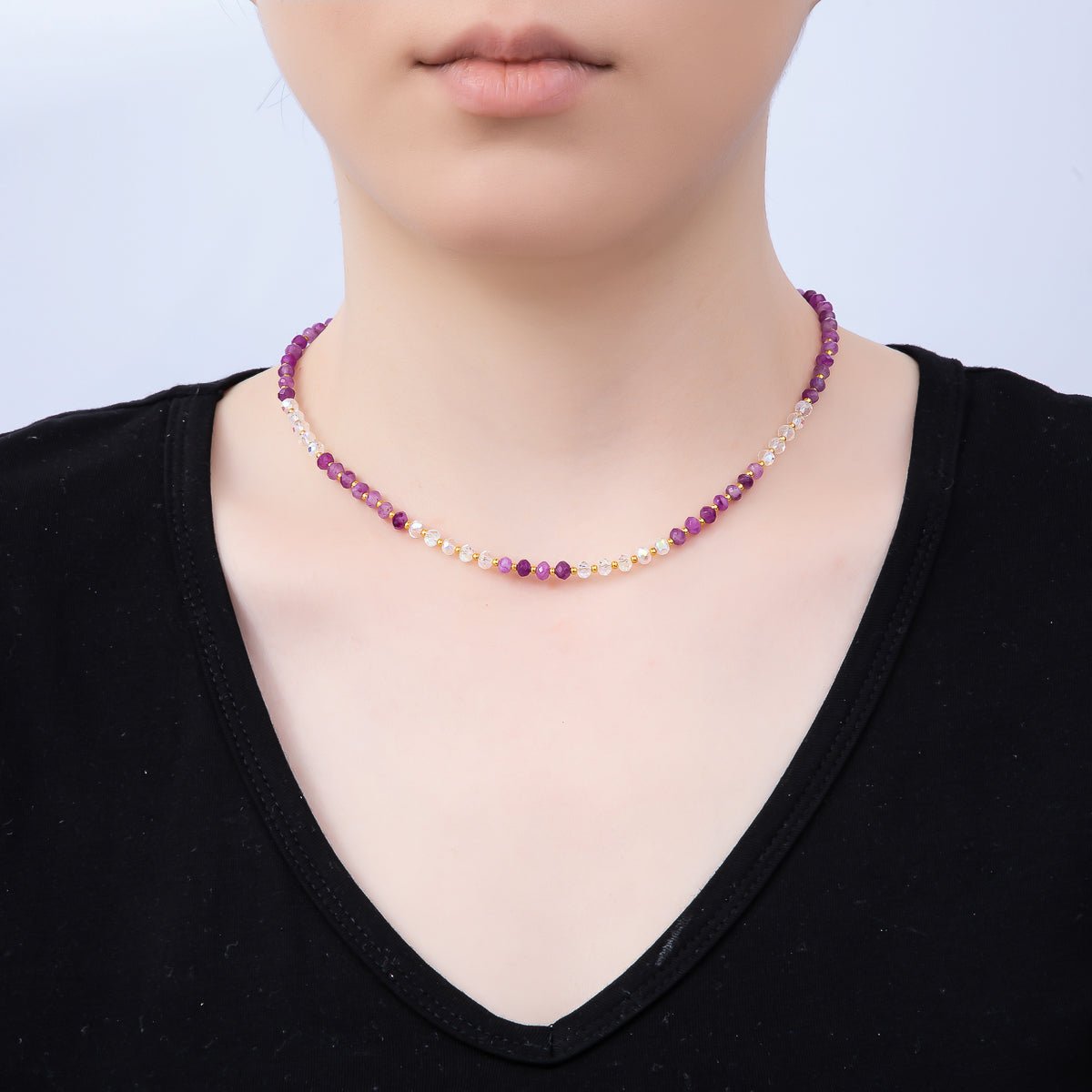 Handmade Stainless Steel 2mm AB Amethyst Gemstone Chain 16 Inch Necklace | WA-04640 - DLUXCA