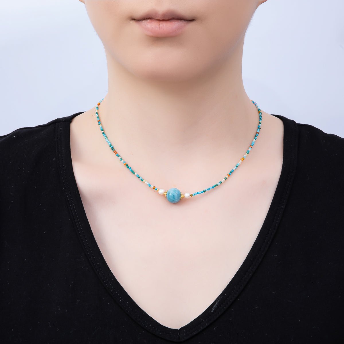 Handmade Stainless Steel 2mm Amazonite Gemstone Chain 16 Inch Necklace | WA-04639 - DLUXCA