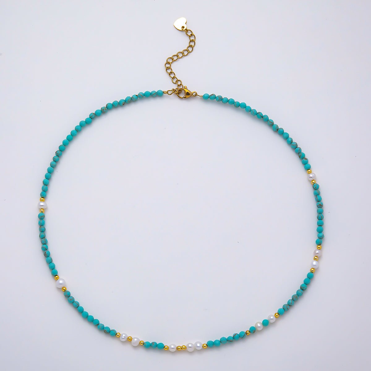 Handmade Stainless Steel 2mm Blue Turquoise Shell Pearl Gemstone Chain 16 Inch Necklace | WA-04650 - DLUXCA