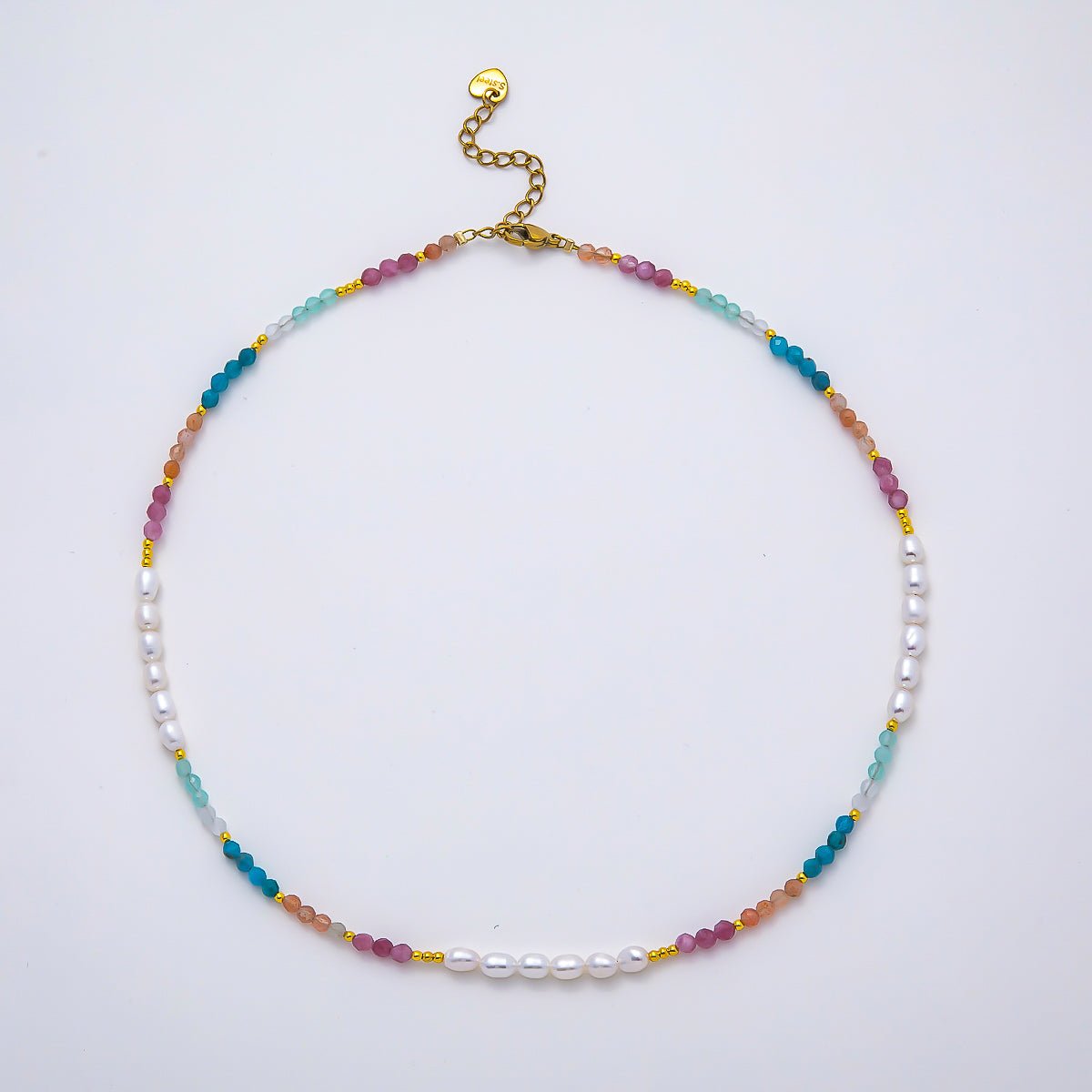 Handmade Stainless Steel 2mm Shell Pearl Multicolor Gemstone Chain 16 Inch Necklace | WA-04646 - DLUXCA