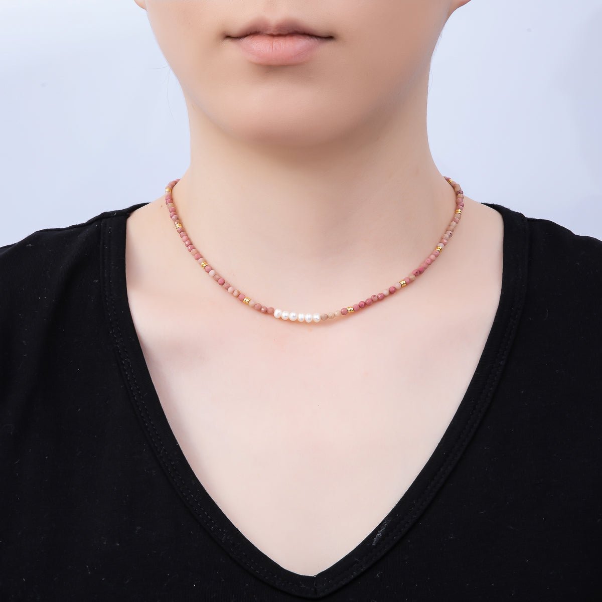 Handmade Stainless Steel 3mm Shell Pearl Rose Quartz Gemstone Chain 15.5 Inch Necklace | WA-04653 - DLUXCA