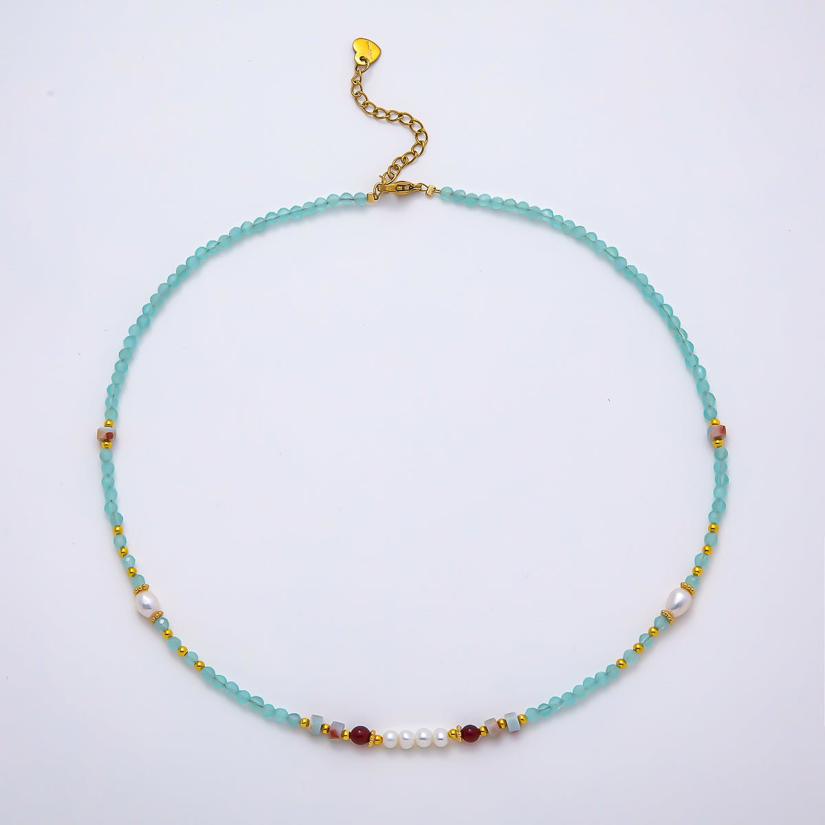 Handmade Stainless Steel 4mm Blue Aquamarine Shell Pearl Gemstone Chain 16 Inch Necklace | WA-04645 - DLUXCA