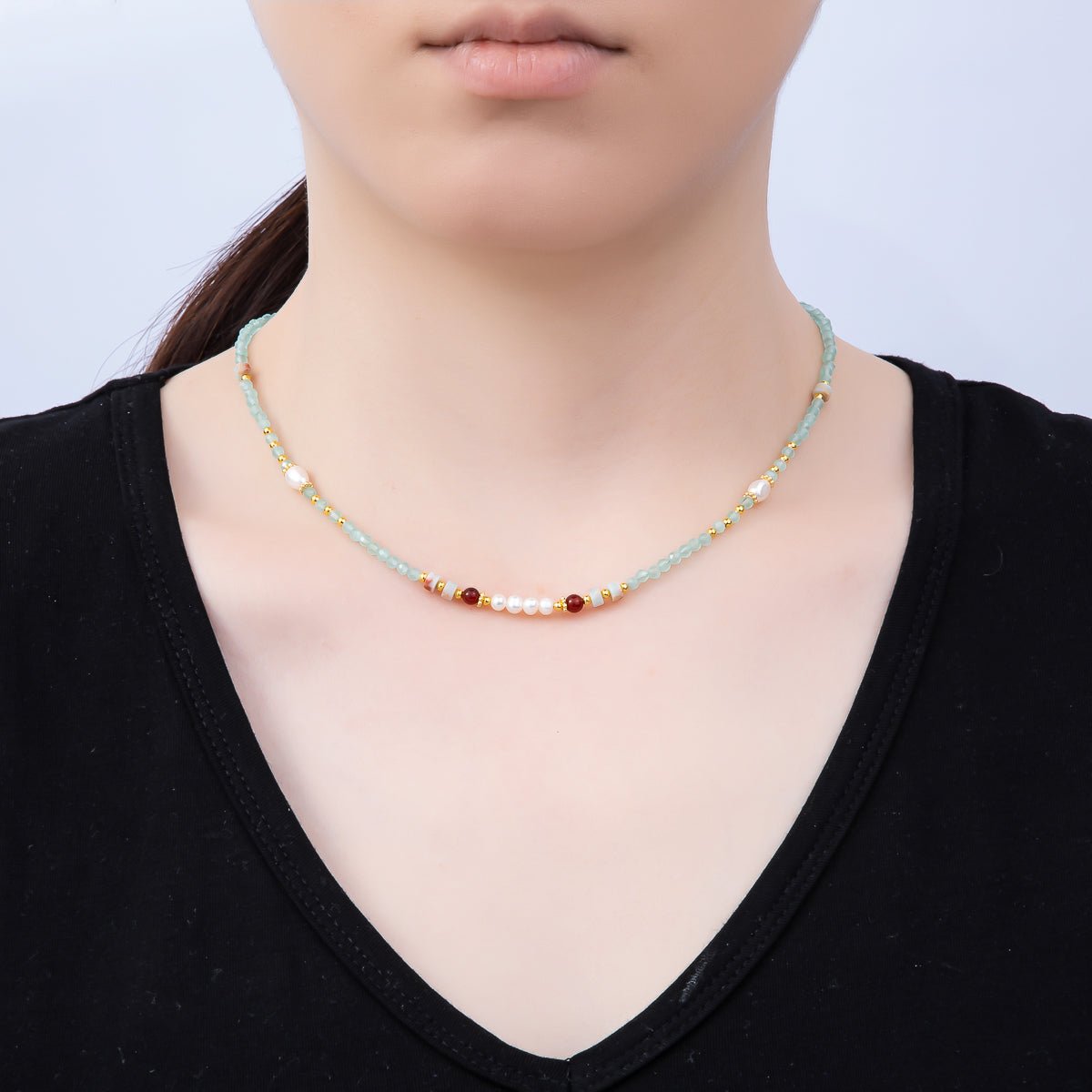 Handmade Stainless Steel 4mm Blue Aquamarine Shell Pearl Gemstone Chain 16 Inch Necklace | WA-04645 - DLUXCA