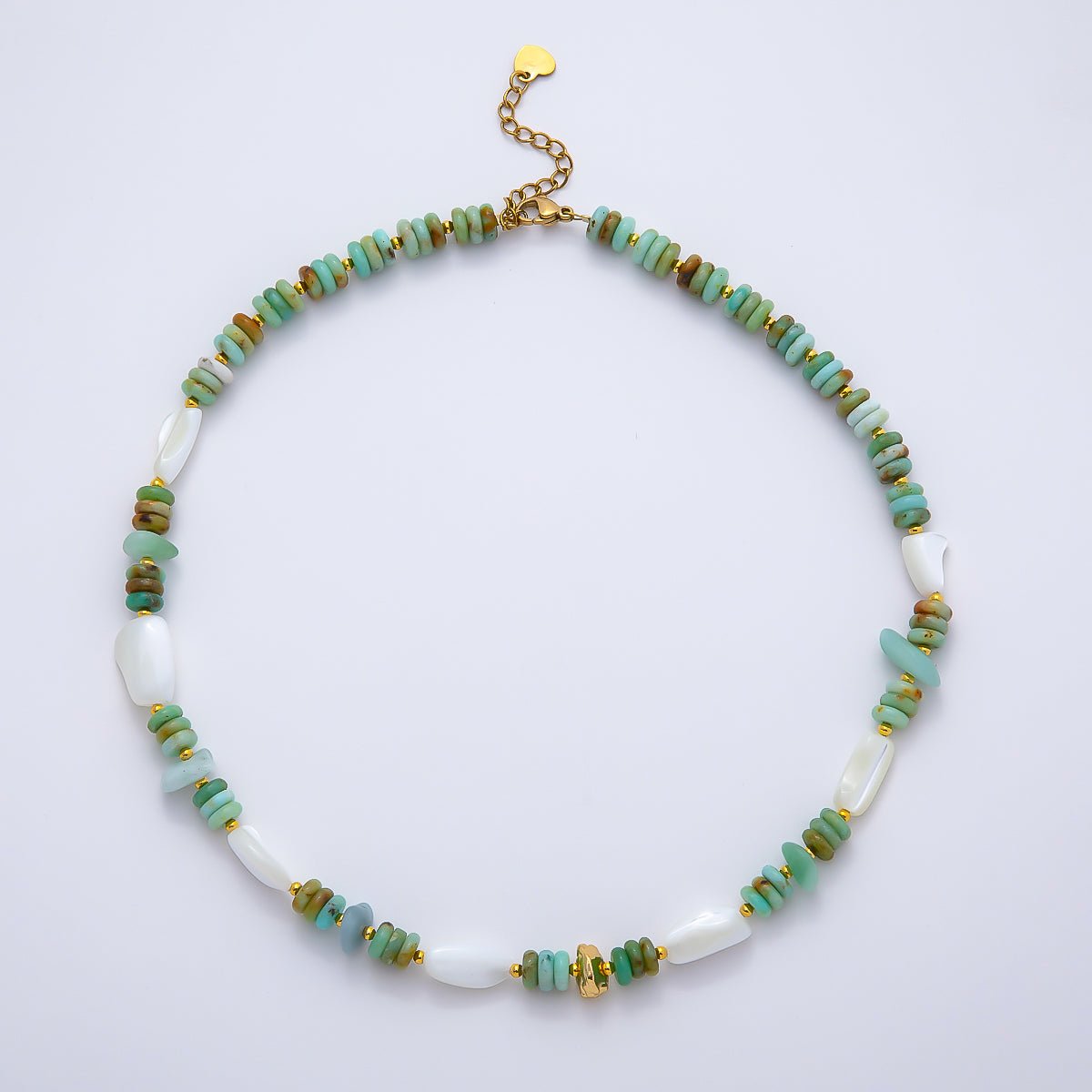 Handmade Stainless Steel 8mm White Shell Pearl Turquoise Rondelle Gemstone Chain 15.5 Inch Necklace | WA-04727 - DLUXCA