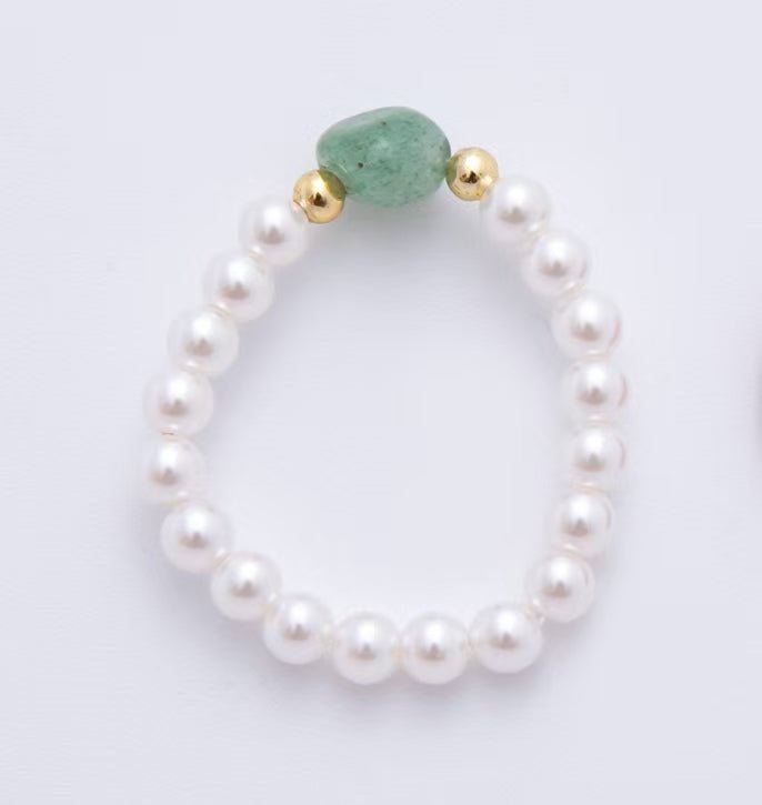 Handmade White Pearl Beaded Ring with Red, Green Agate Gemstone Bead Amethyst, Carnelian, Aventurine, Citrine | O189 O192 O251 O271 - DLUXCA