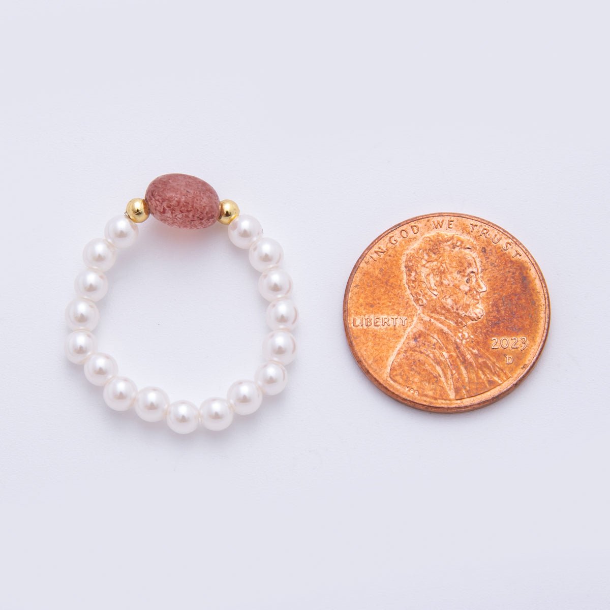 Handmade White Pearl Beaded Ring with Red, Green Agate Gemstone Bead Amethyst, Carnelian, Aventurine, Citrine | O189 O192 O251 O271 - DLUXCA