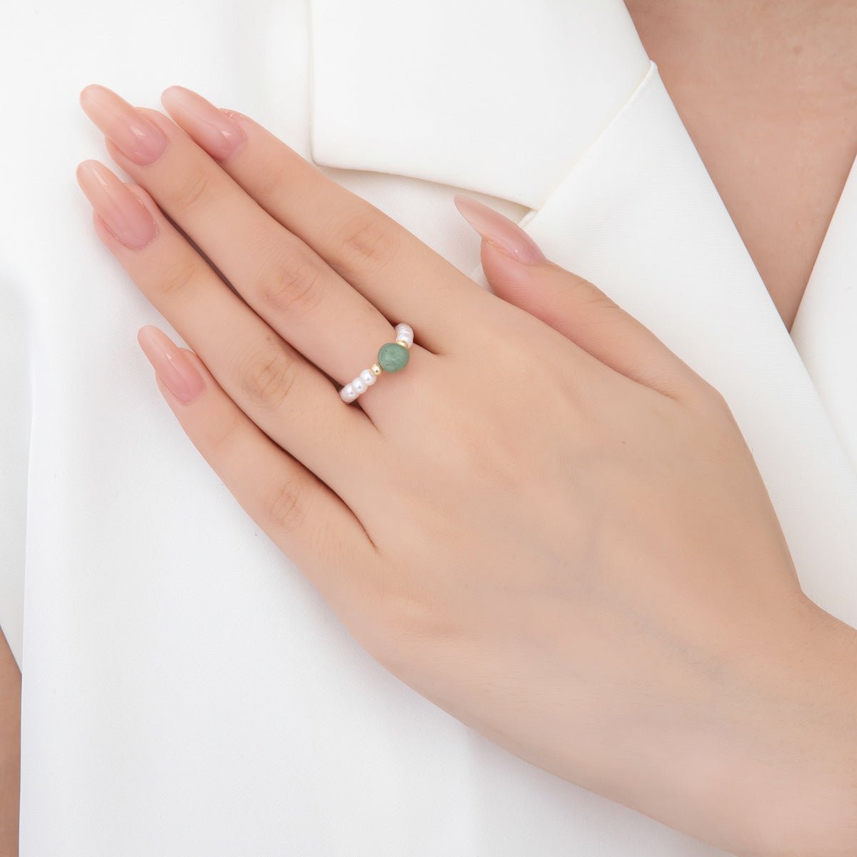 Handmade White Pearl Beaded Ring with Red, Green Agate Gemstone Bead Amethyst, Carnelian, Aventurine, Citrine | O189 O192 O251 O271 - DLUXCA
