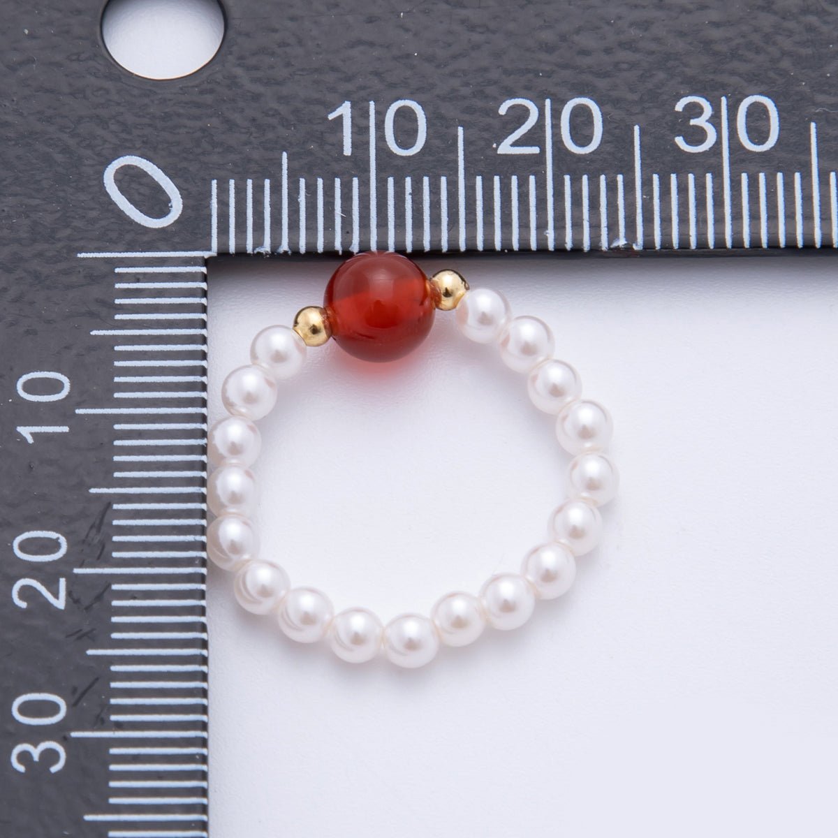 Handmade White Pearl Beaded Ring with Red, Green Agate Round Gemstone Bead | O193 O221 - DLUXCA