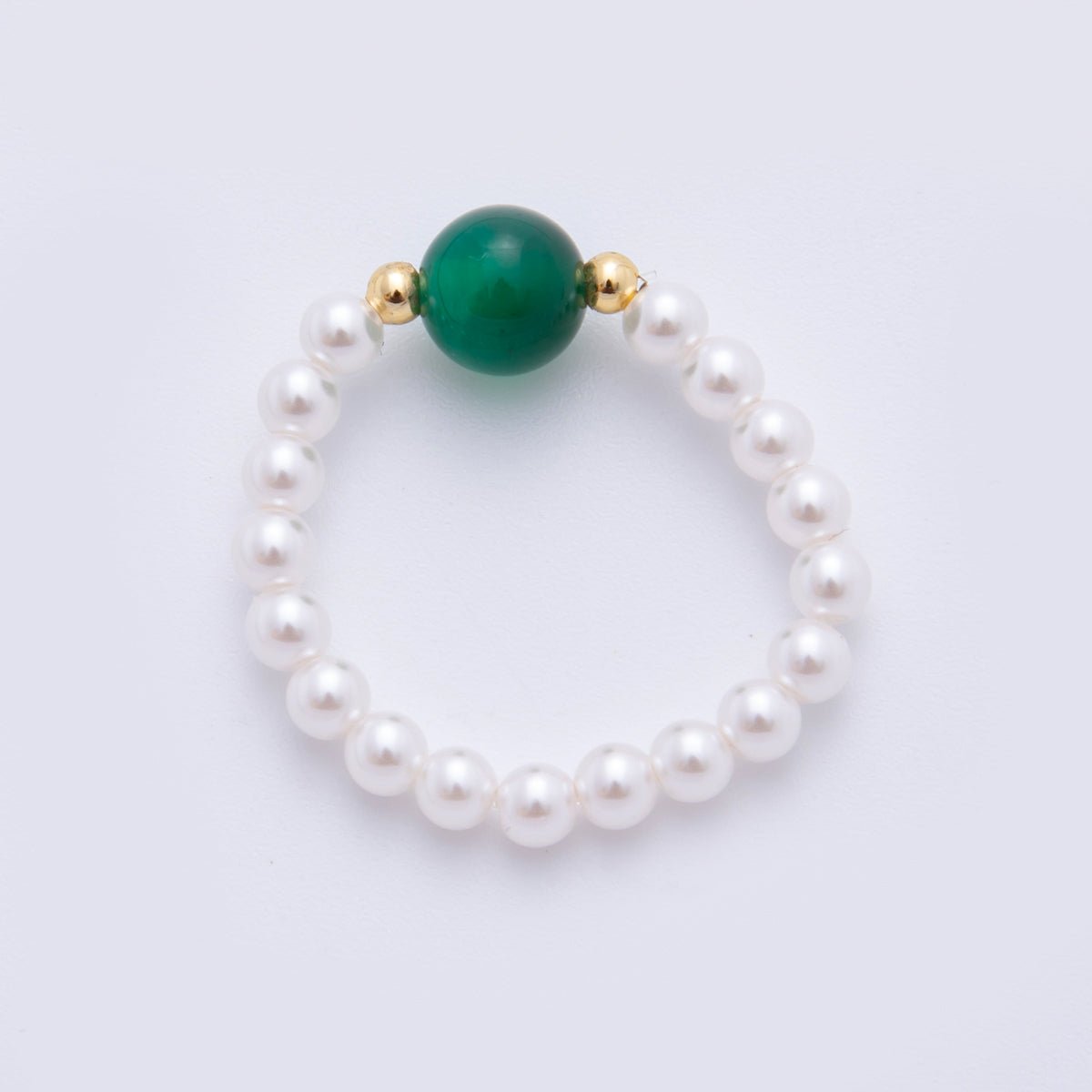 Handmade White Pearl Beaded Ring with Red, Green Agate Round Gemstone Bead | O193 O221 - DLUXCA