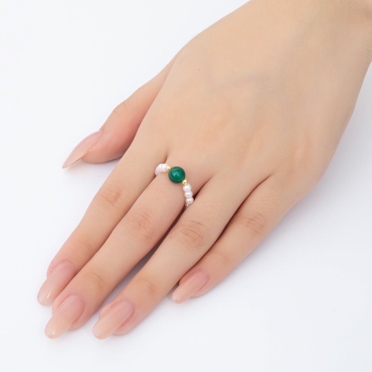 Handmade White Pearl Beaded Ring with Red, Green Agate Round Gemstone Bead | O193 O221 - DLUXCA