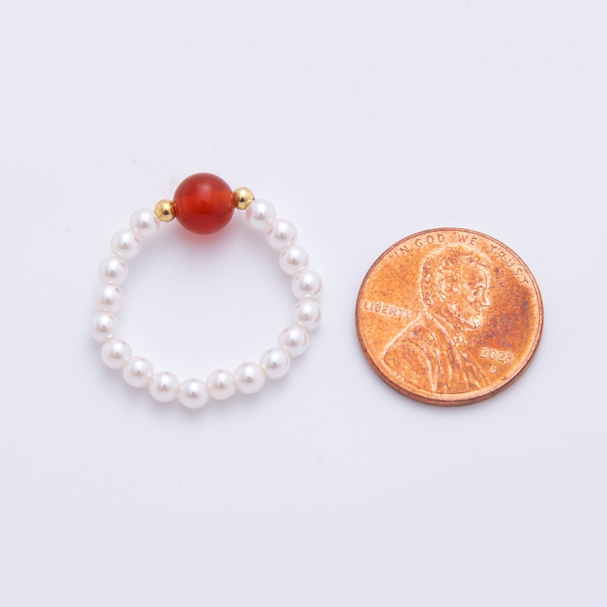 Handmade White Pearl Beaded Ring with Red, Green Agate Round Gemstone Bead | O193 O221 - DLUXCA