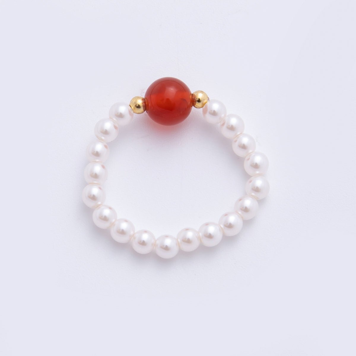 Handmade White Pearl Beaded Ring with Red, Green Agate Round Gemstone Bead | O193 O221 - DLUXCA