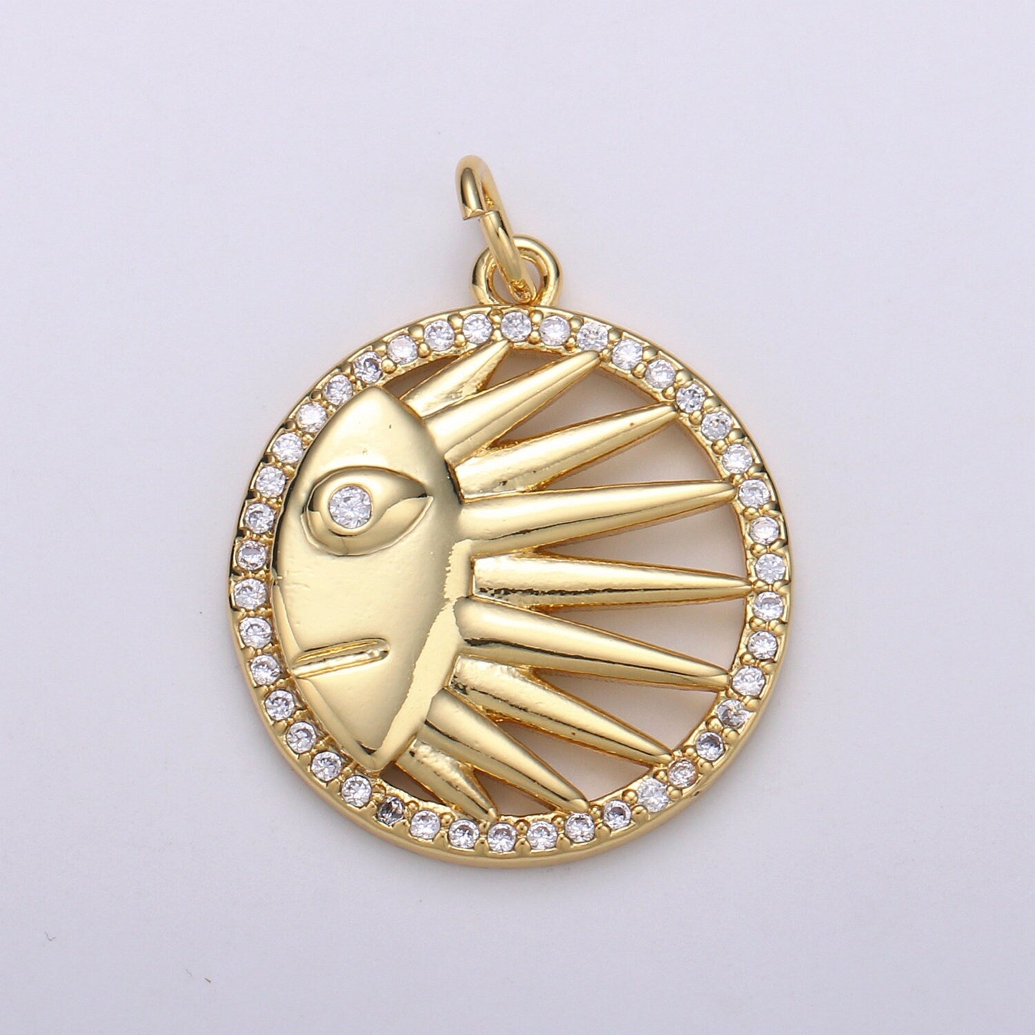 Solar Coin CZ Charms Sun Celestial Cubic Pave Coin Pendant 24K Gold CZ Drop Charm Pendant, Celestial Jewelry