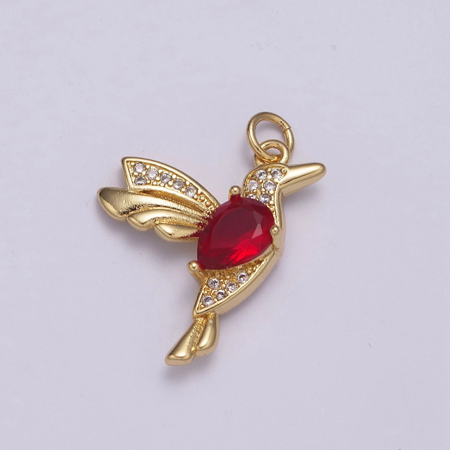 Micro Pave Gold Hummingbird Charm 24k Gold Filled Humming Bird Pendant 25.7mm x 19.7 mm Red CZ gold jewelry For Necklace Earring N-230