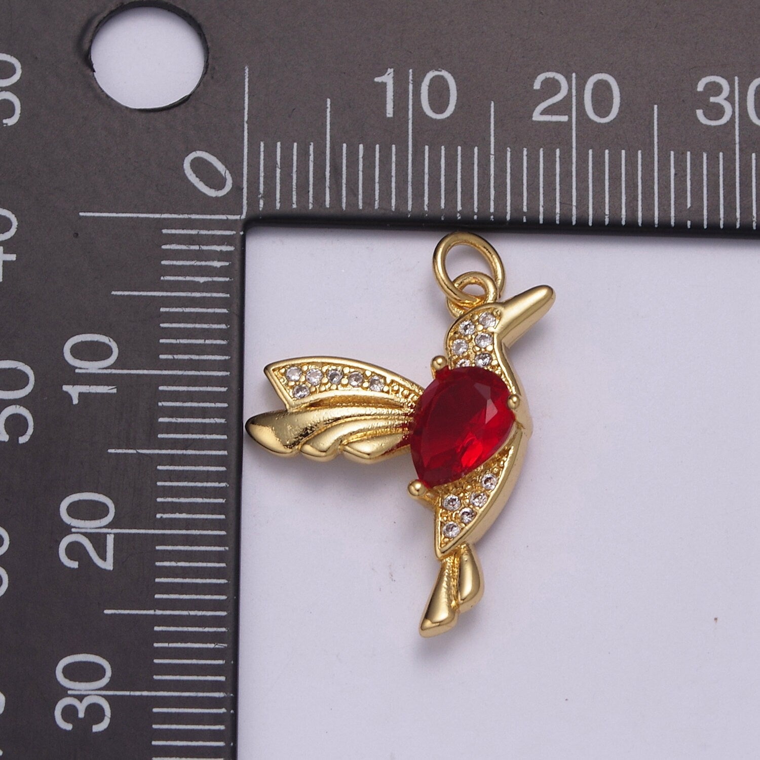 Micro Pave Gold Hummingbird Charm 24k Gold Filled Humming Bird Pendant 25.7mm x 19.7 mm Red CZ gold jewelry For Necklace Earring N-230