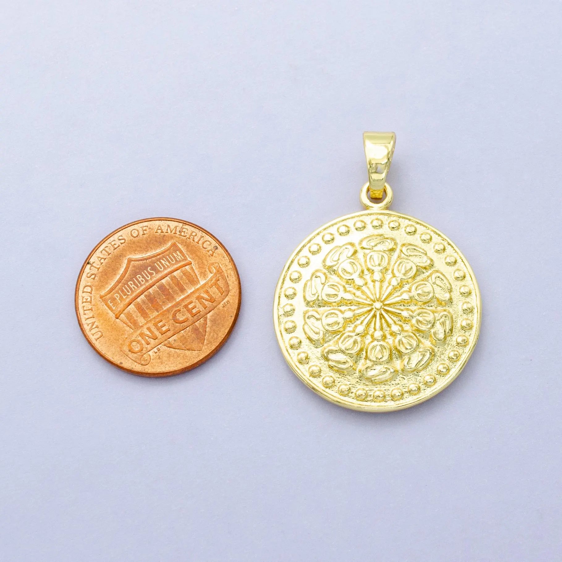 24k Gold Filled Round Coin Medallion Abstract Sunburst Charm | AA1448