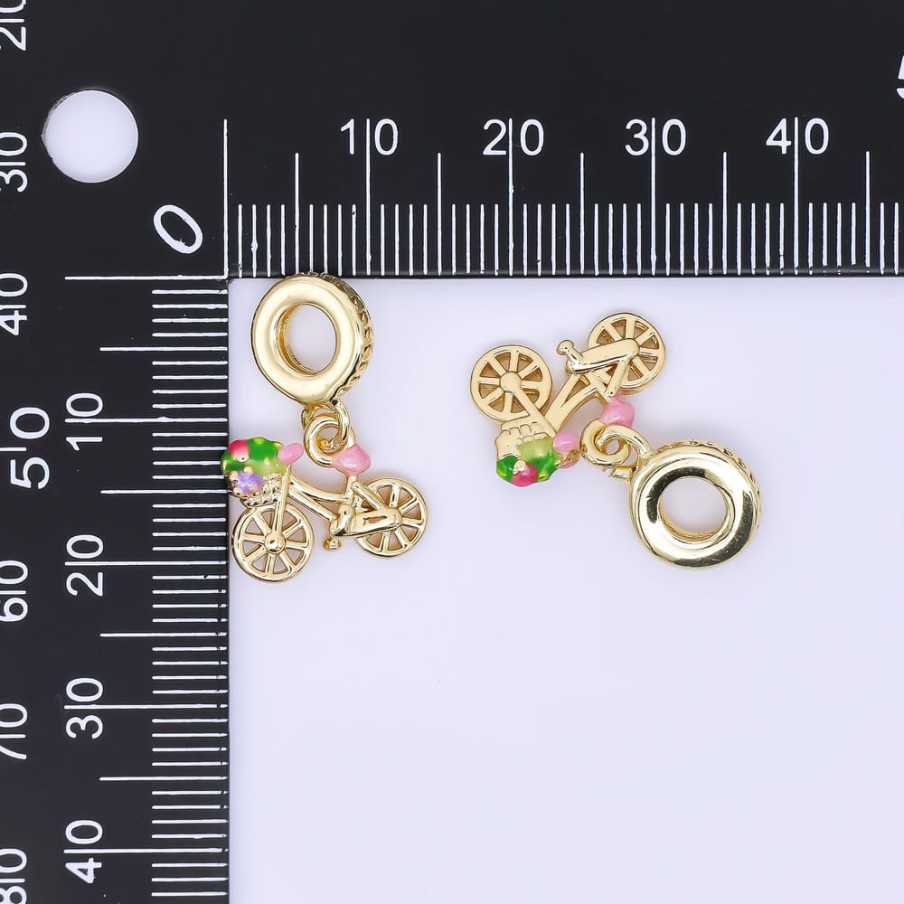 24K Gold Filled 11mm Multicolor Enamel Flower Basket Bicycle Bike Drop Rondelle Charm | AC1632