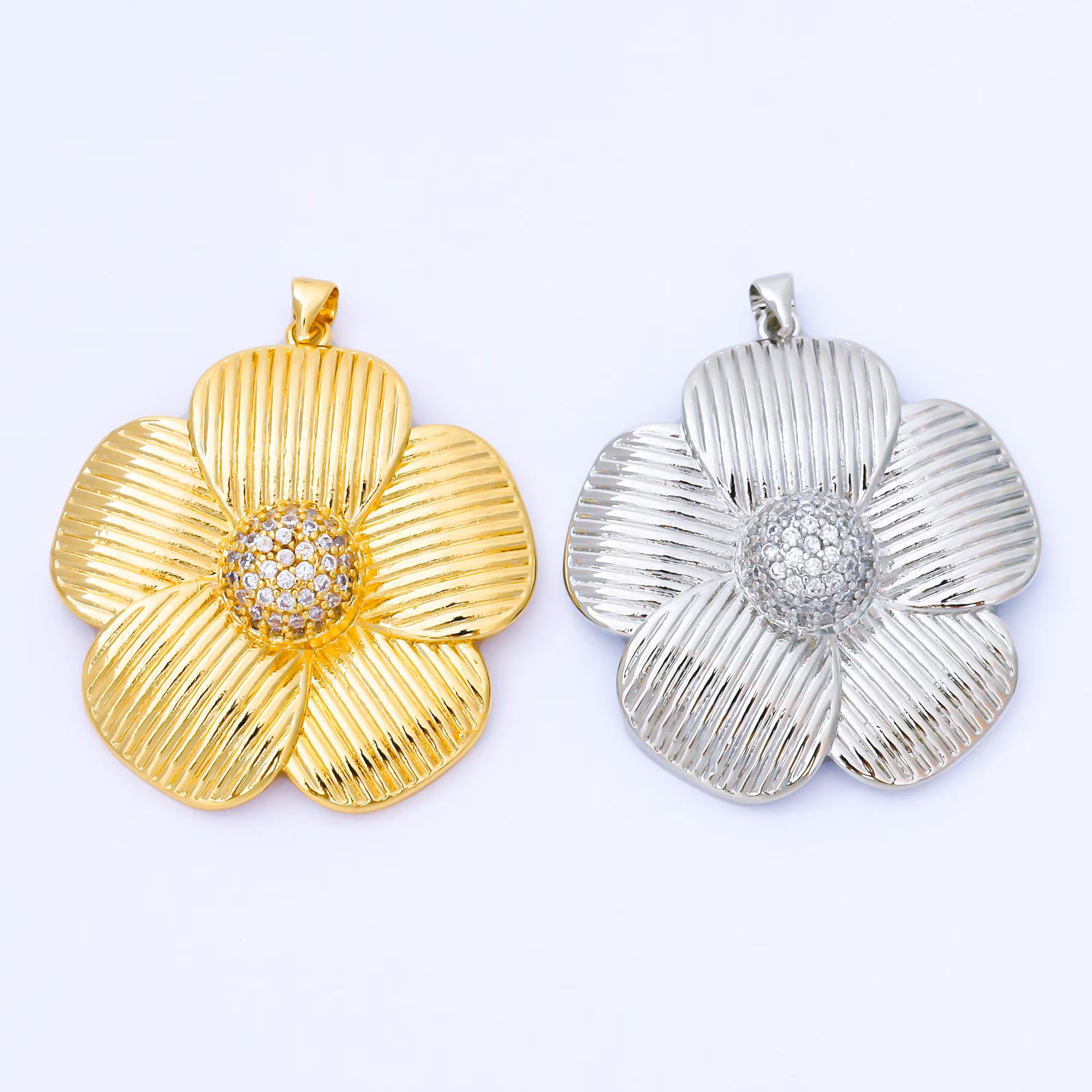 24K Gold Filled 41mm Micro Paved CZ Ribbed Flower Pendant in Gold & Silver | AA1657 AA1660
