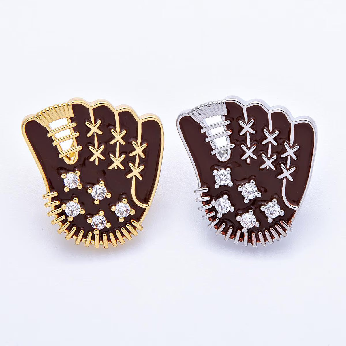 25mm Brown Enamel Paved Baseball Glove Sports Pin Brooch in Gold and Silver | BH-116 BH-117