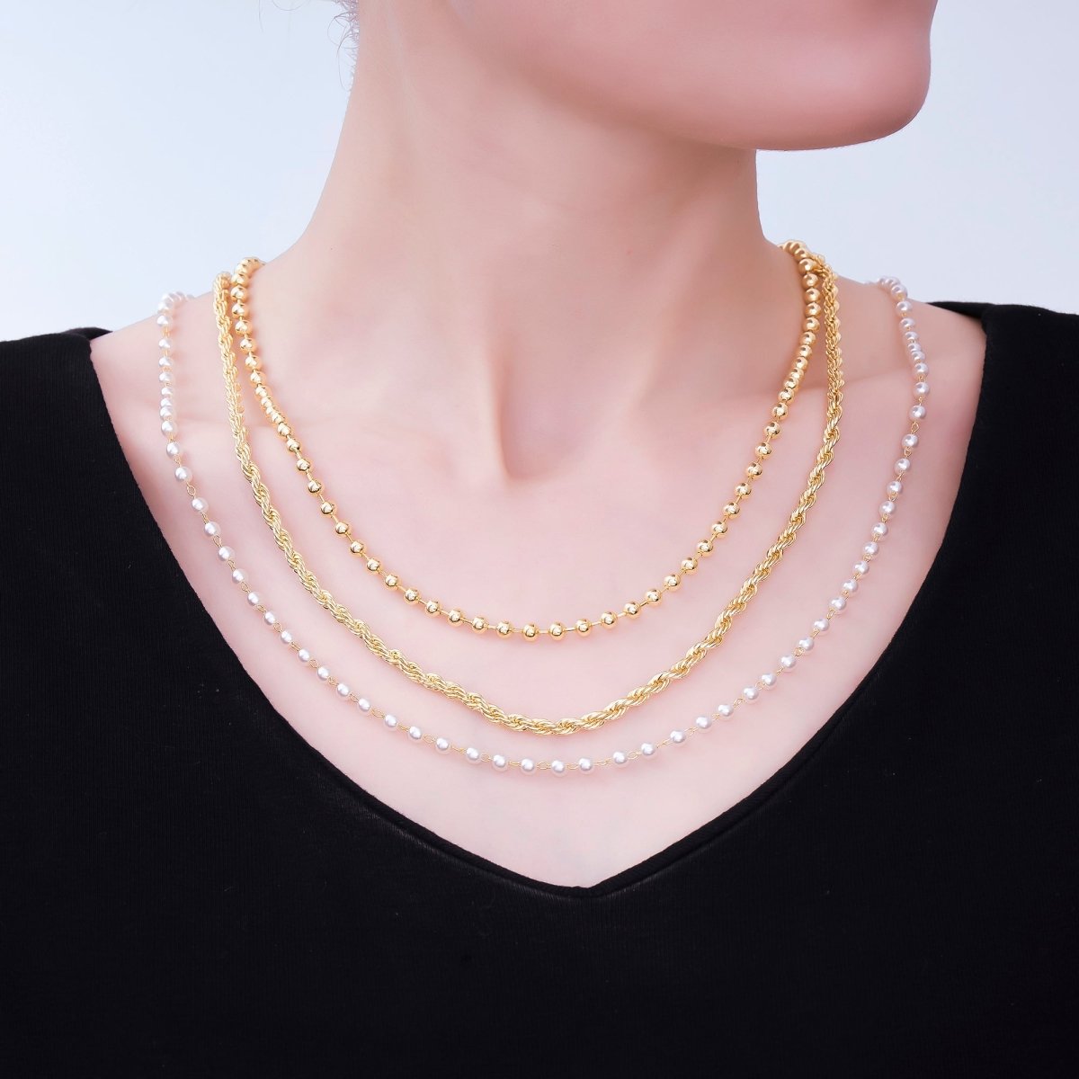 Layer Gold & Pearl Beaded Chain Necklace 24K Gold Filled Rope Chain Mixed Chain Style WA - 2858 - DLUXCA