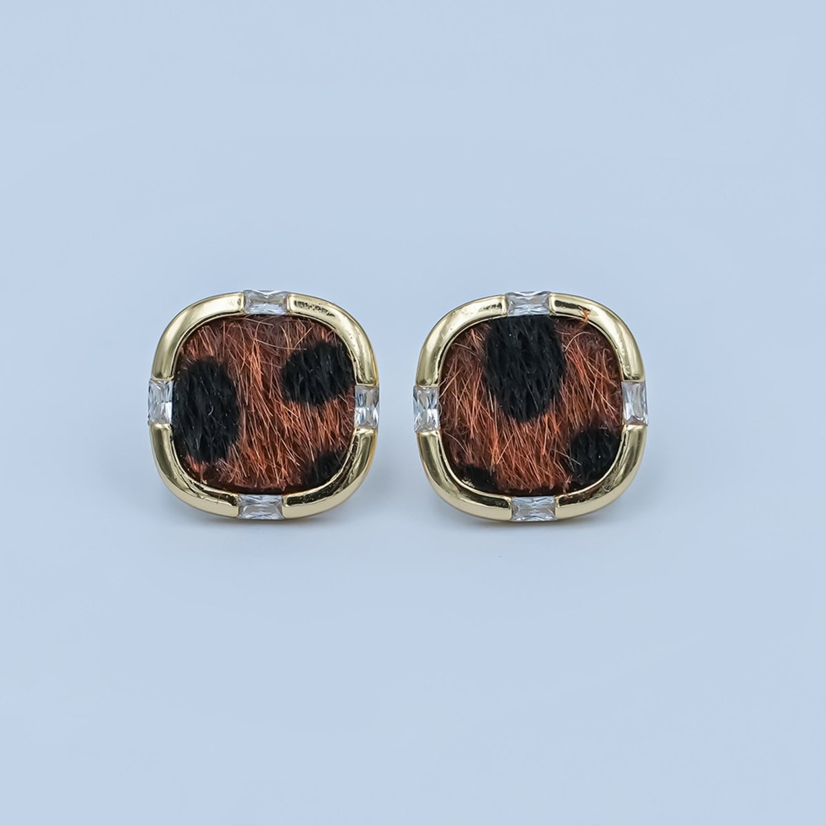 Leopard Print Faux Fur Dotted Baguette Bezel Stud Earrings in Gold & Silver | AE158 AE184 - DLUXCA