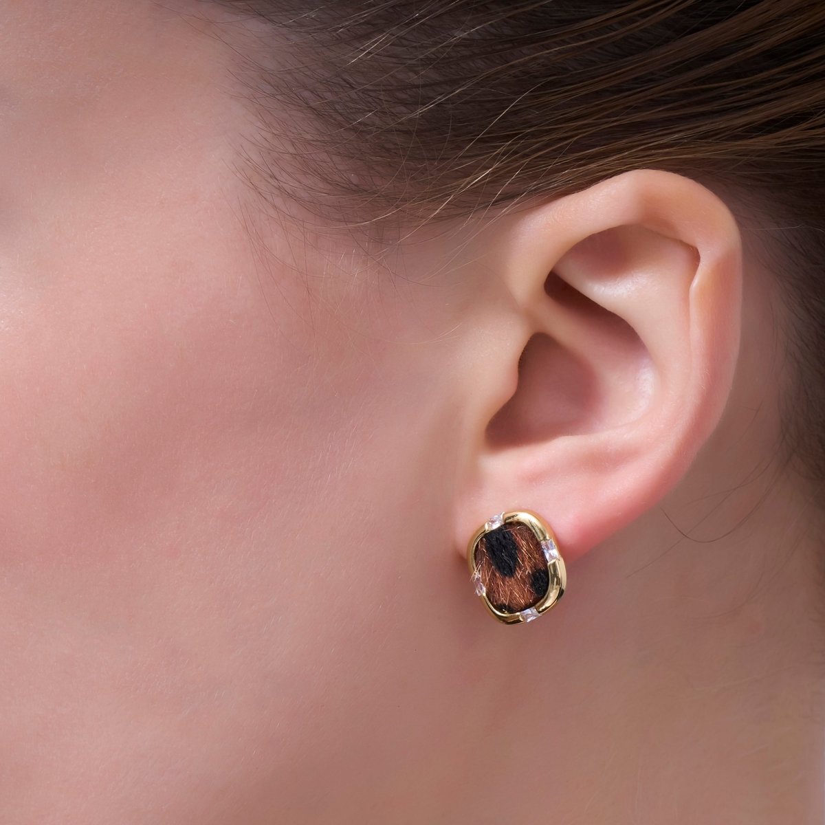 Leopard Print Faux Fur Dotted Baguette Bezel Stud Earrings in Gold & Silver | AE158 AE184 - DLUXCA