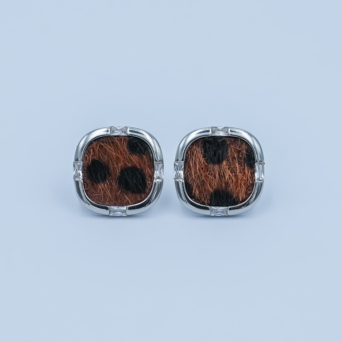 Leopard Print Faux Fur Dotted Baguette Bezel Stud Earrings in Gold & Silver | AE158 AE184 - DLUXCA