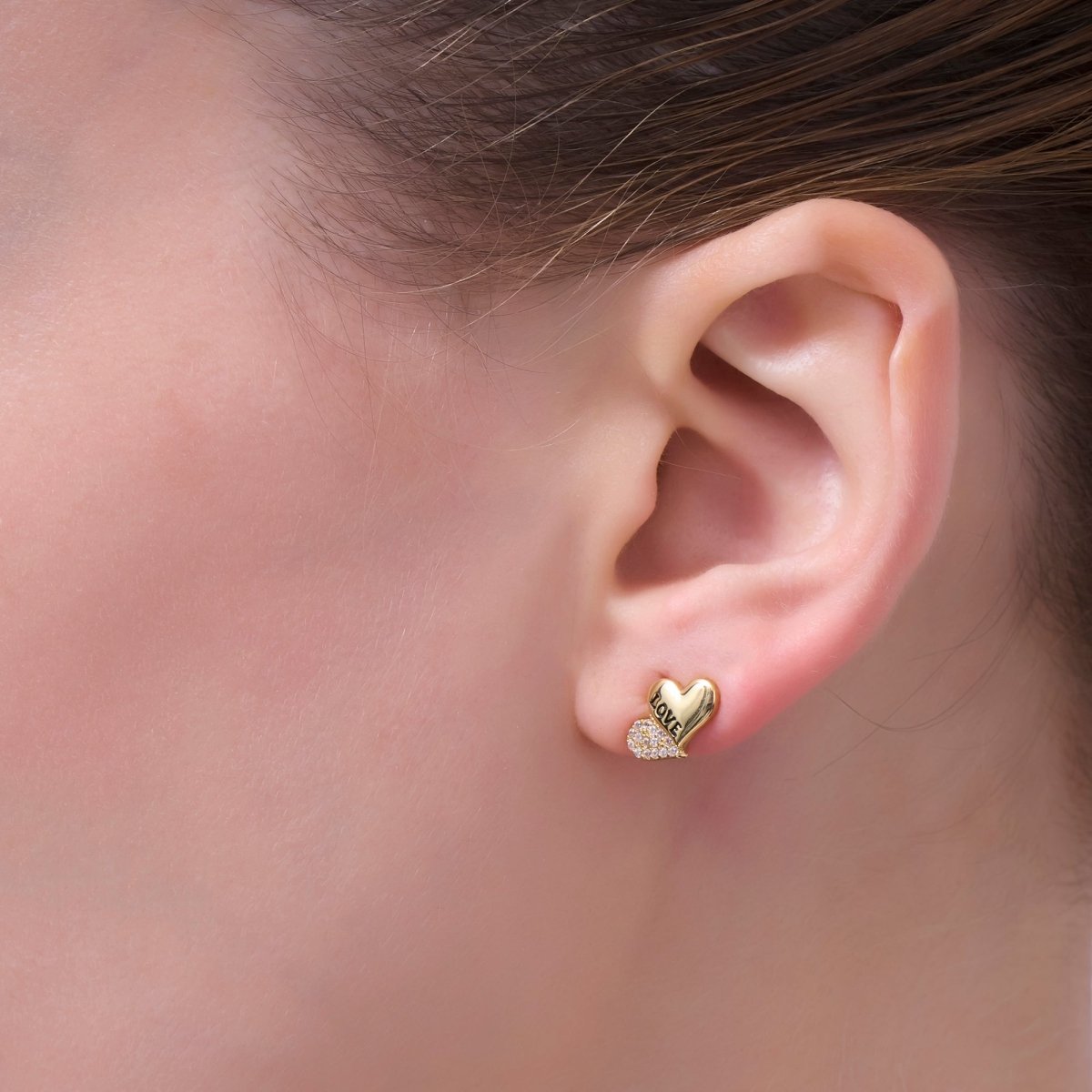 "LOVE" Engraved Micro Paved CZ Heart Stud Earrings in Gold & Silver | AD1503 AD1509 - DLUXCA