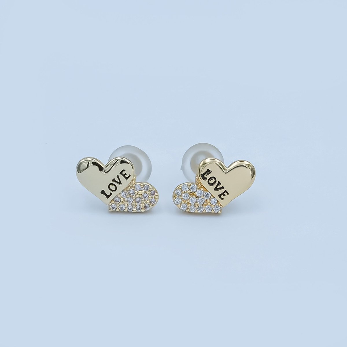 "LOVE" Engraved Micro Paved CZ Heart Stud Earrings in Gold & Silver | AD1503 AD1509 - DLUXCA