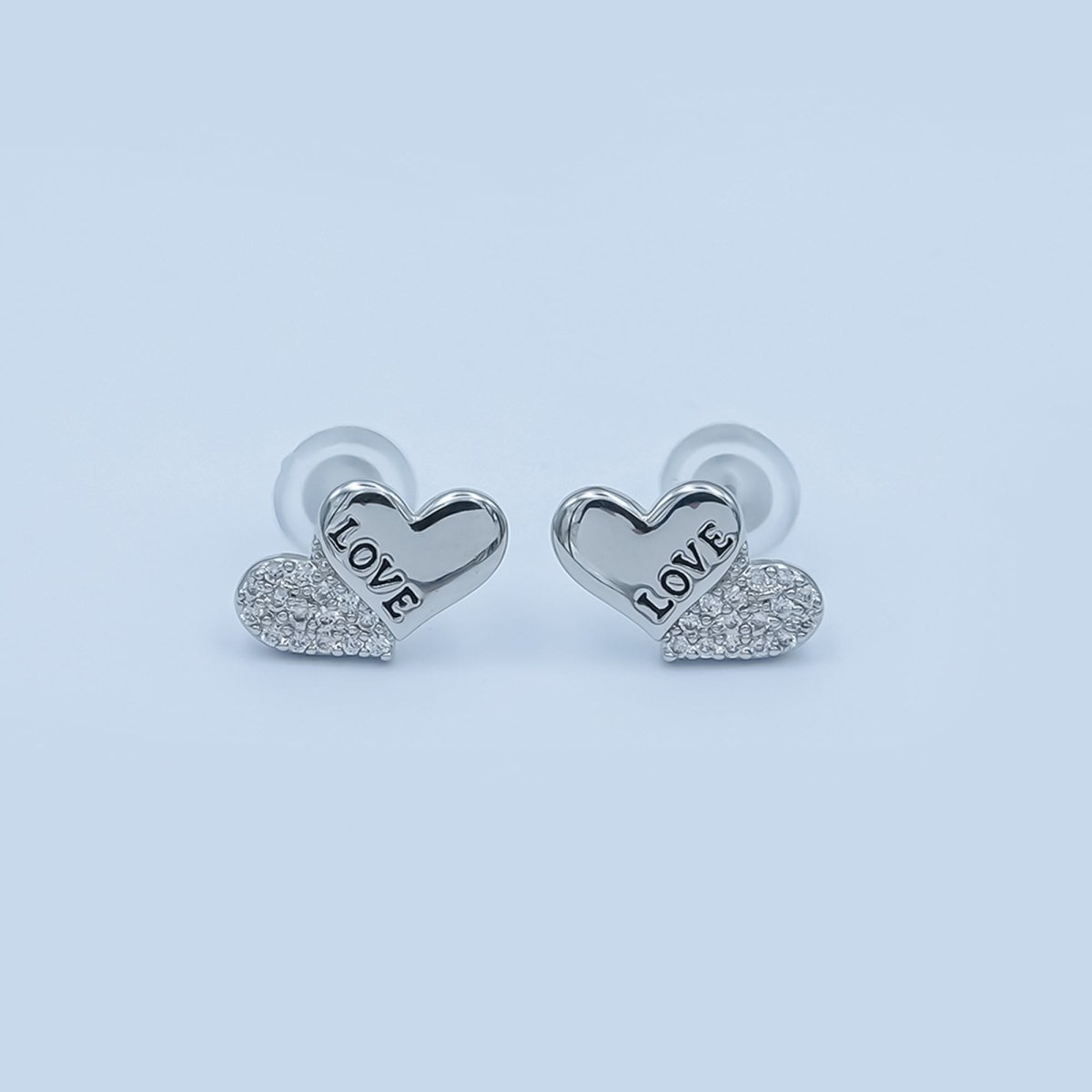 "LOVE" Engraved Micro Paved CZ Heart Stud Earrings in Gold & Silver | AD1503 AD1509 - DLUXCA
