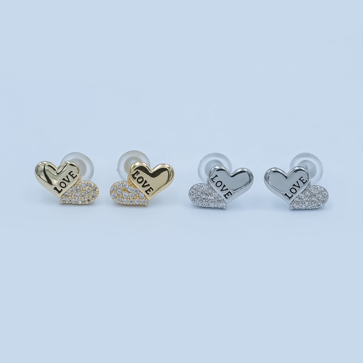 "LOVE" Engraved Micro Paved CZ Heart Stud Earrings in Gold & Silver | AD1503 AD1509 - DLUXCA