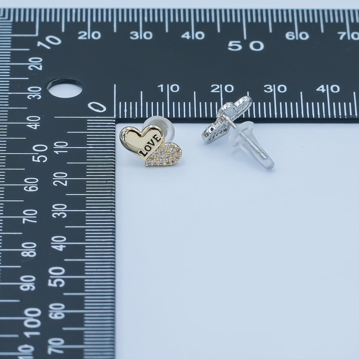"LOVE" Engraved Micro Paved CZ Heart Stud Earrings in Gold & Silver | AD1503 AD1509 - DLUXCA