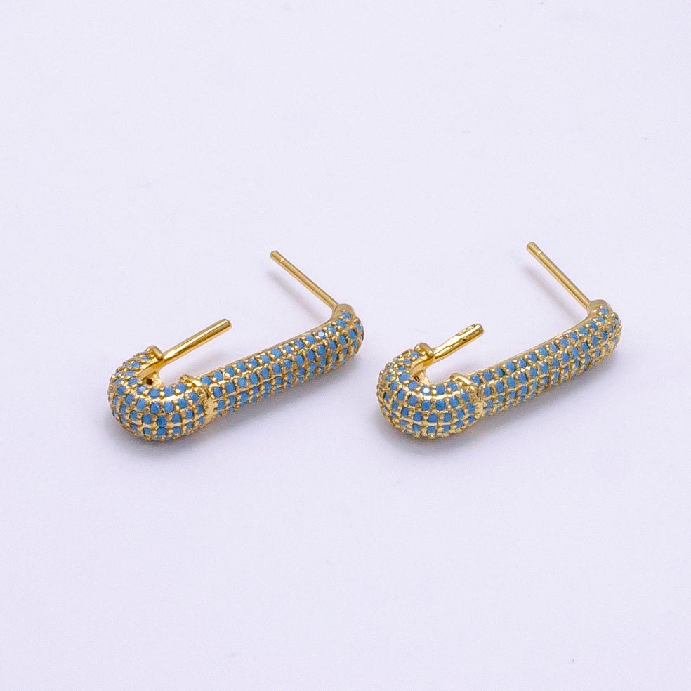 Micro Pave Gold Safety Pin Earrings Dainty Gold Stud dangle earring studs for Earring Supply Component to put beads / pearls, K-544 - DLUXCA