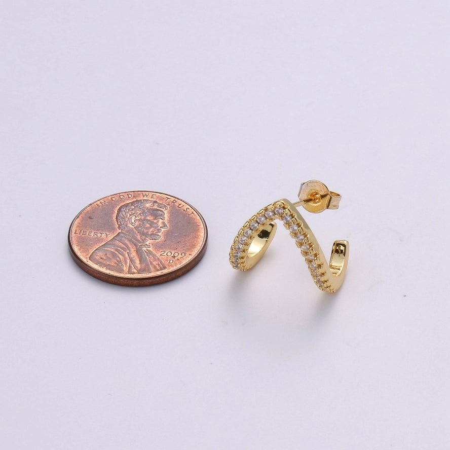 Micro Pave Gold Stud earrings, minimalist earrings triangle huggie earrings for gift K - 863 - DLUXCA