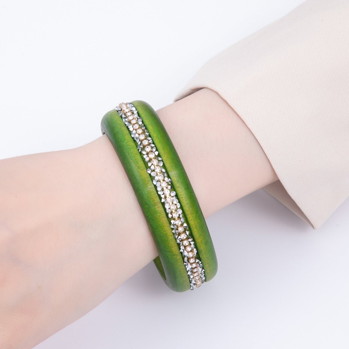 Micro Paved CZ Cluster Wood Bangle Bracelet in Black, Brown, Green, Latte | WA - 04289 - WA - 04292 - DLUXCA
