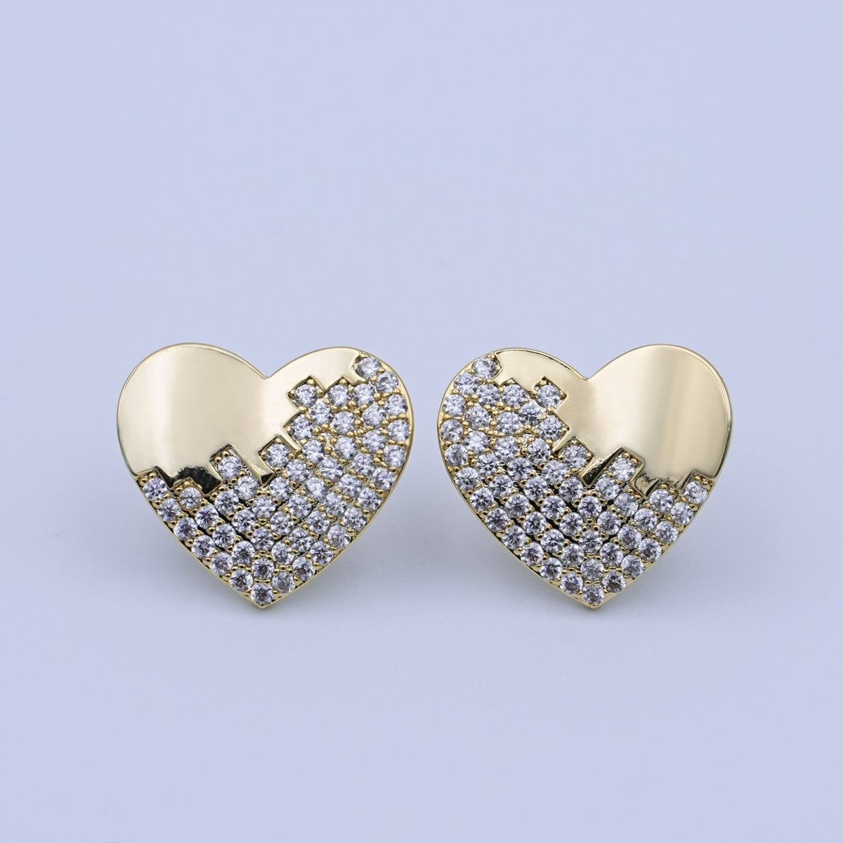 Micro Paved CZ Heart Stud Earrings Set in Gold & Silver | V534 - DLUXCA