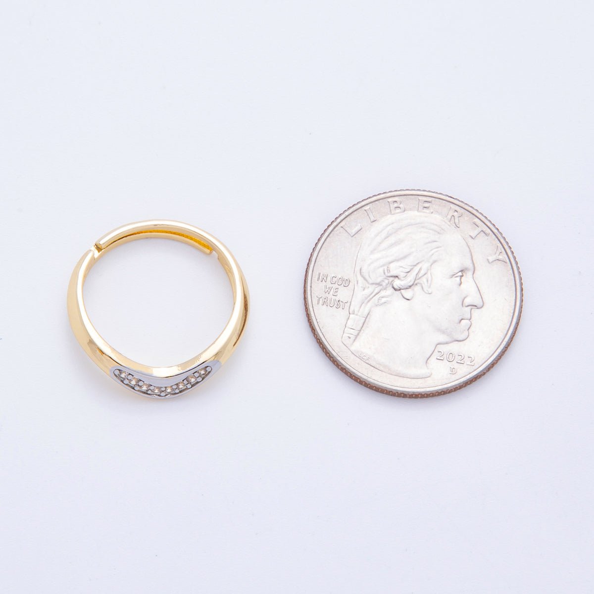 Minimalist Two Toned Gold Filled Micro Paved CZ Gradient Chevron Ring Adjustable | O138 - DLUXCA