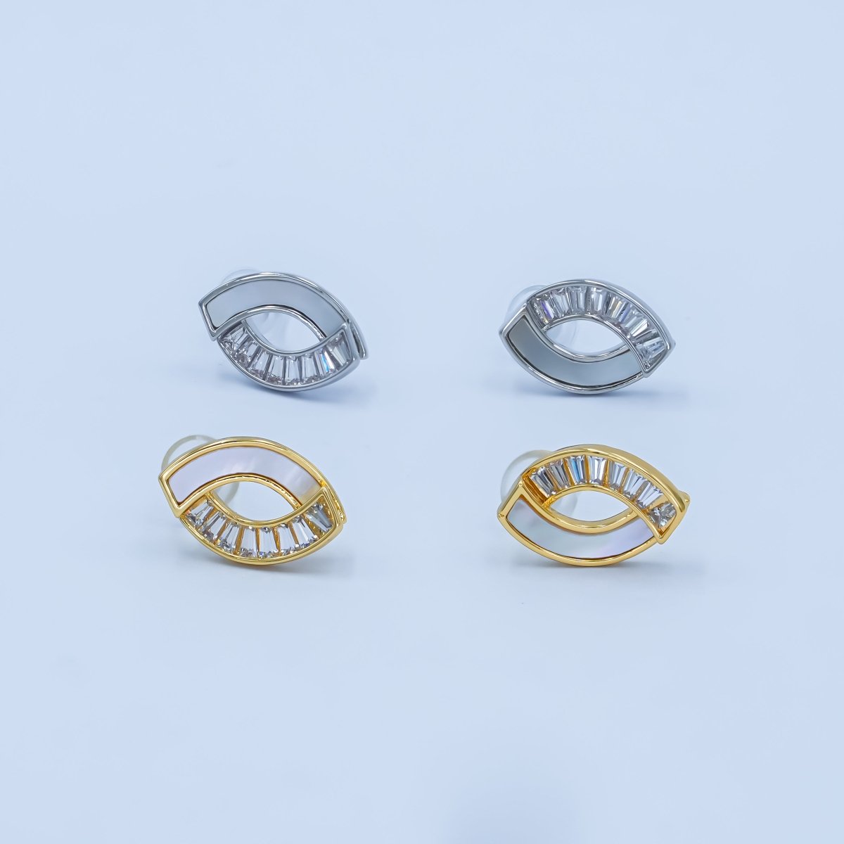 Modern Eye Shaped Pearl inlay Stud Earrings with Baguette CZ Gold & Silver AB - 354 - DLUXCA