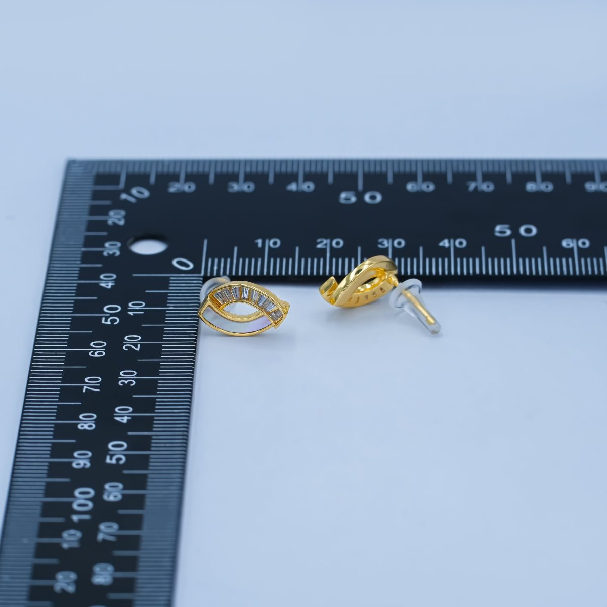 Modern Eye Shaped Pearl inlay Stud Earrings with Baguette CZ Gold & Silver AB - 354 - DLUXCA