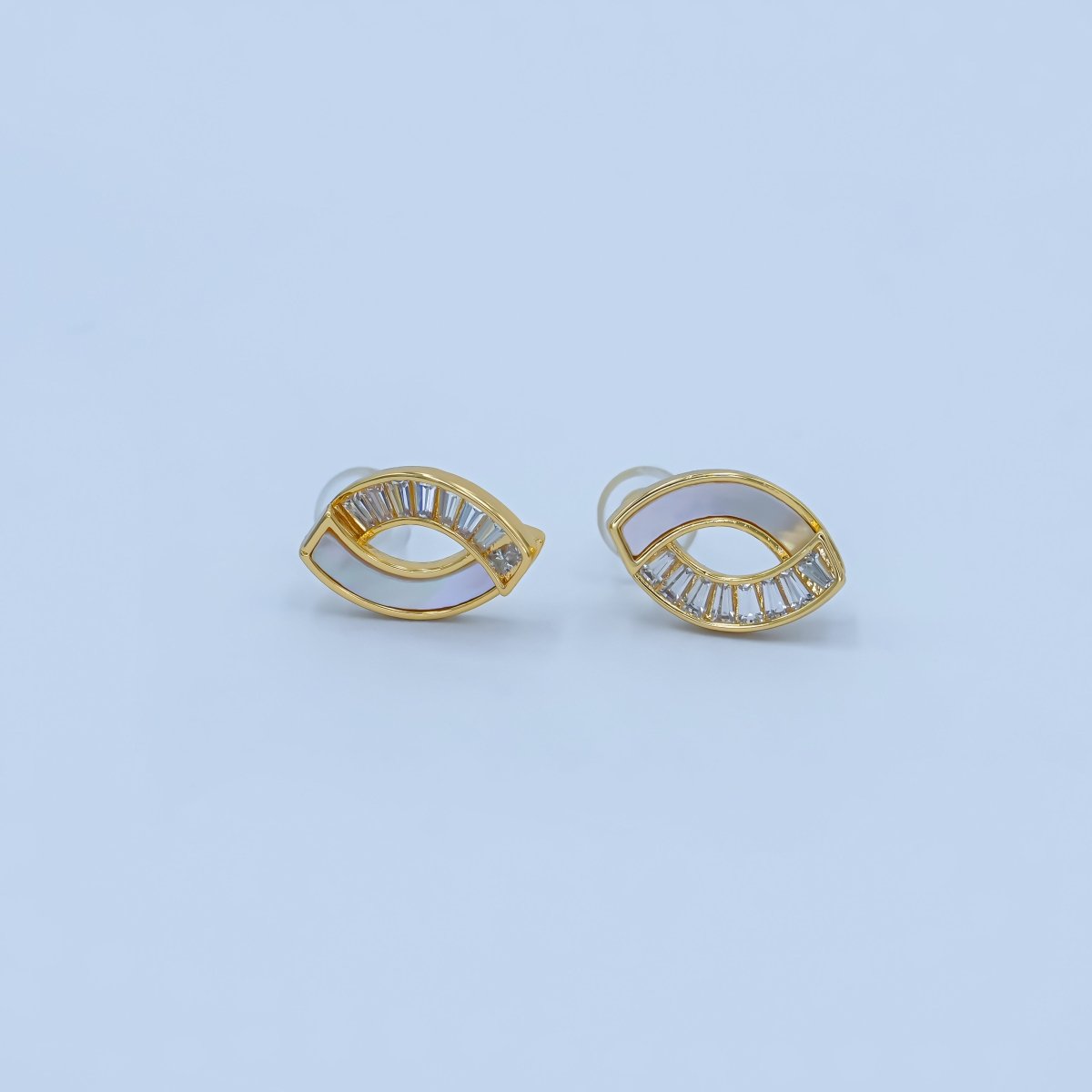 Modern Eye Shaped Pearl inlay Stud Earrings with Baguette CZ Gold & Silver AB - 354 - DLUXCA