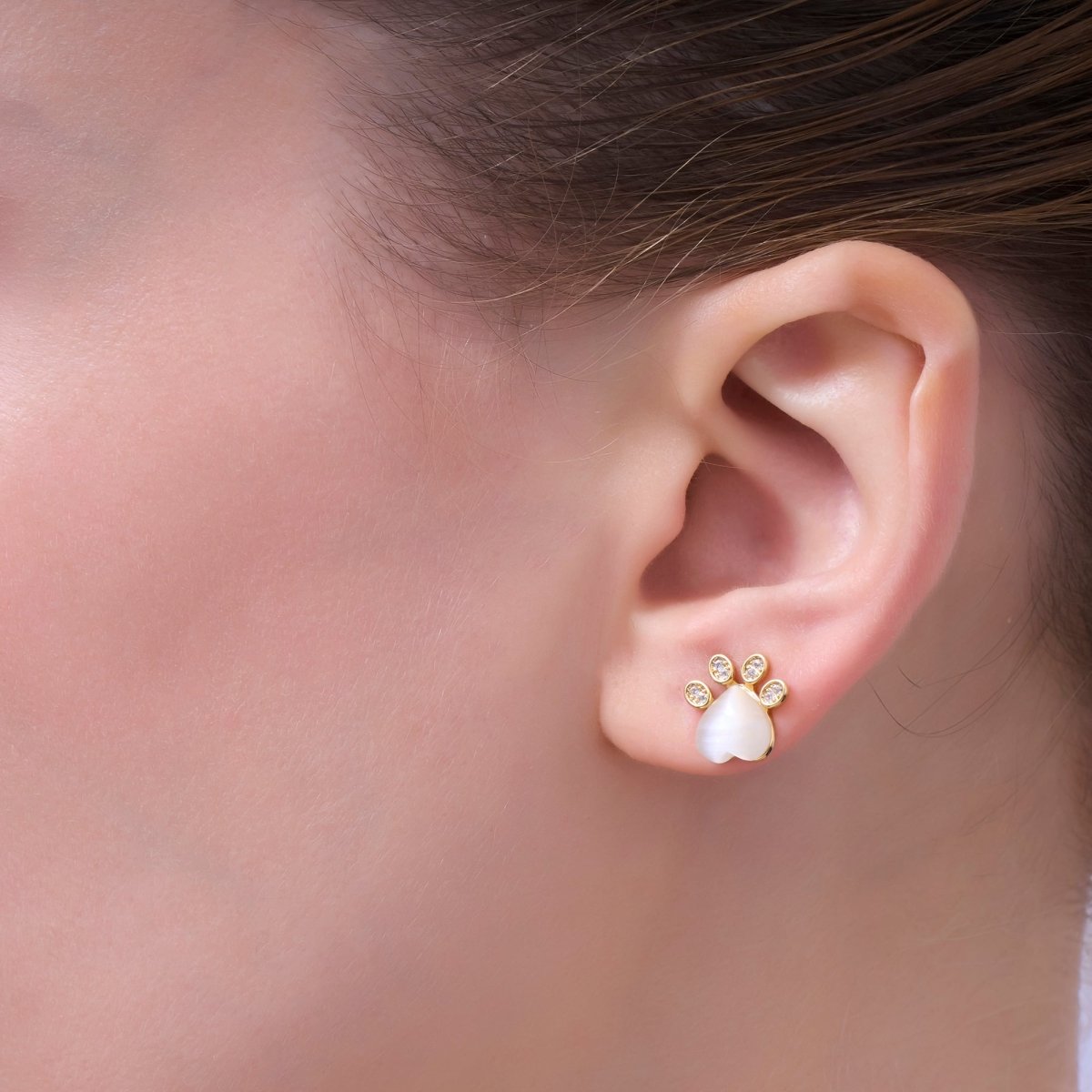 Moonstone Gemstone CZ Paw Print Stud Earrings in Gold & Silver | AD1501 AD1502 - DLUXCA