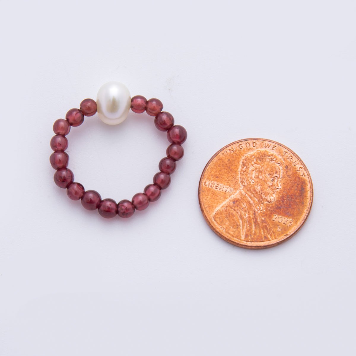 Natural Gemstone Red Garnet Handmade Rice - Shaped Pearl Adjustable Stretch Ring | O - 2113 - DLUXCA