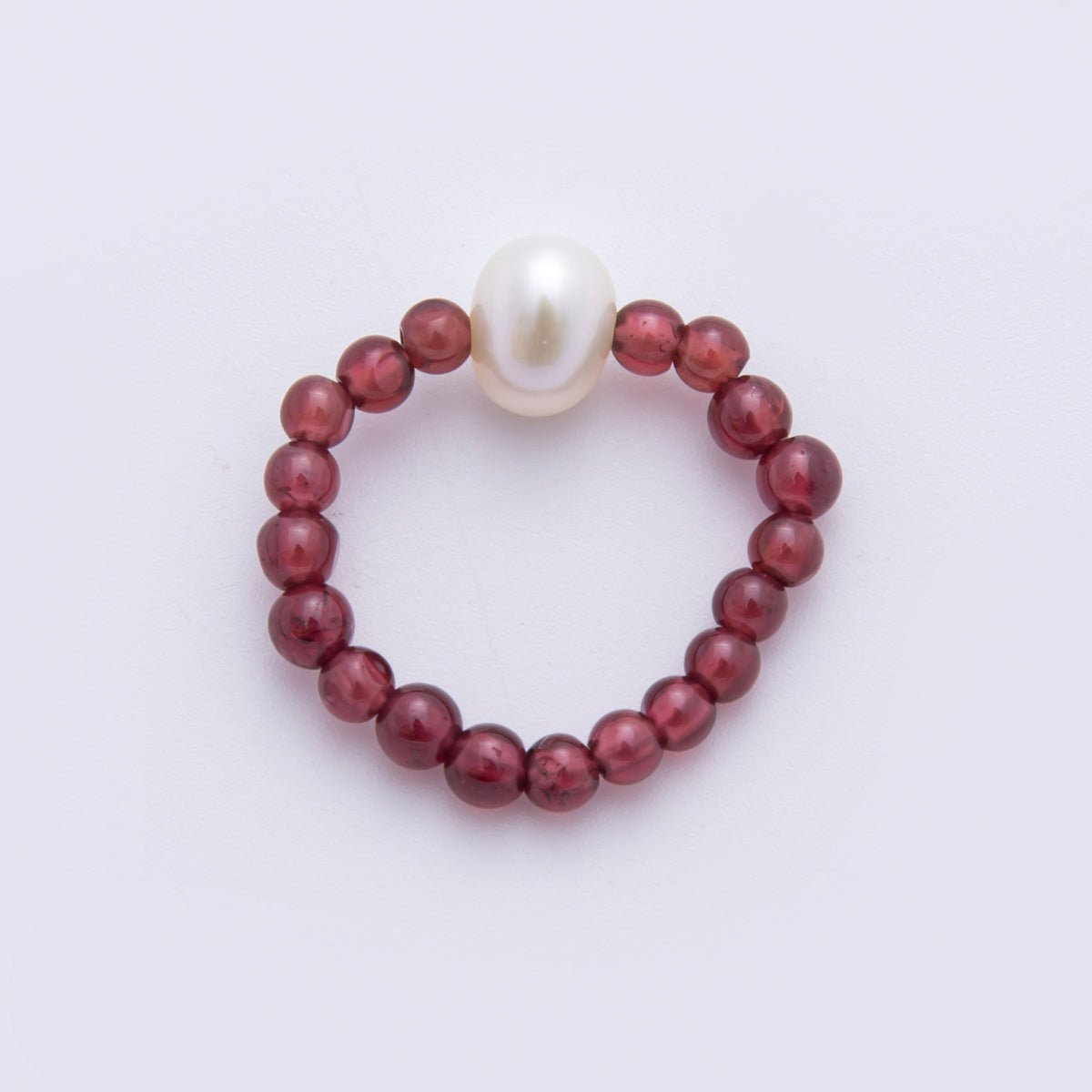 Natural Gemstone Red Garnet Handmade Rice - Shaped Pearl Adjustable Stretch Ring | O - 2113 - DLUXCA