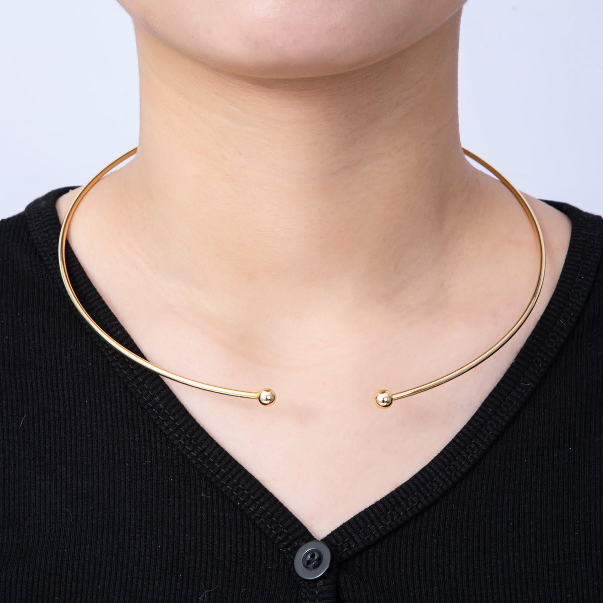 New version 16K Gold Filled 2mm Minimalist Necklace Cuff Collar Necklace with open beaded ball | WA - 04155 - DLUXCA