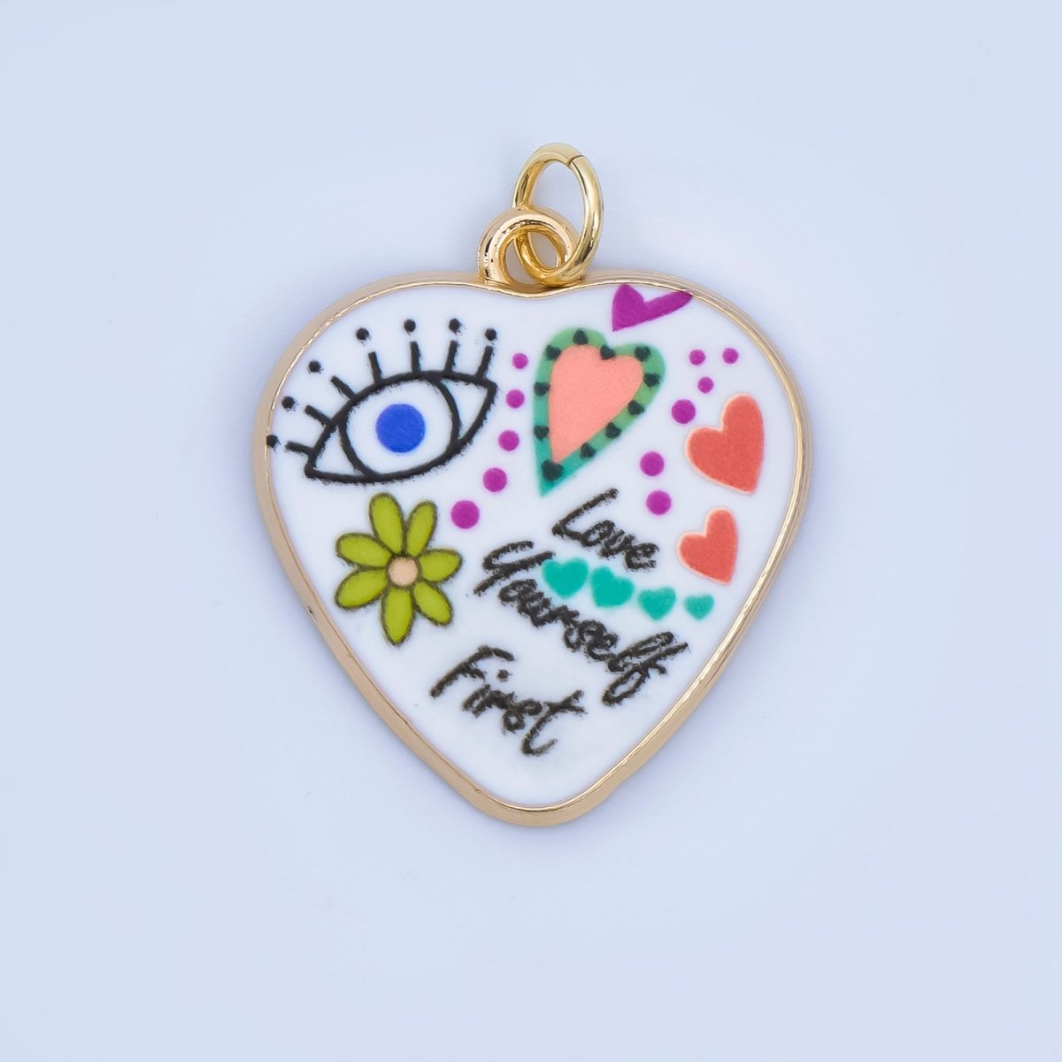 Positive Words Colorful Heart Enamel Charms 24K Gold Fill Love & Eye Pendants AJ - 406 - DLUXCA