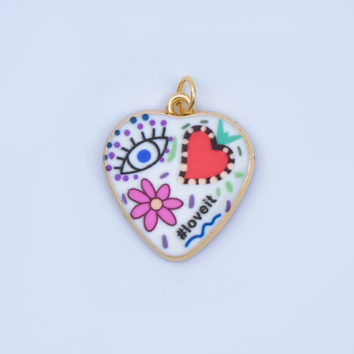 Positive Words Colorful Heart Enamel Charms 24K Gold Fill Love & Eye Pendants AJ - 406 - DLUXCA